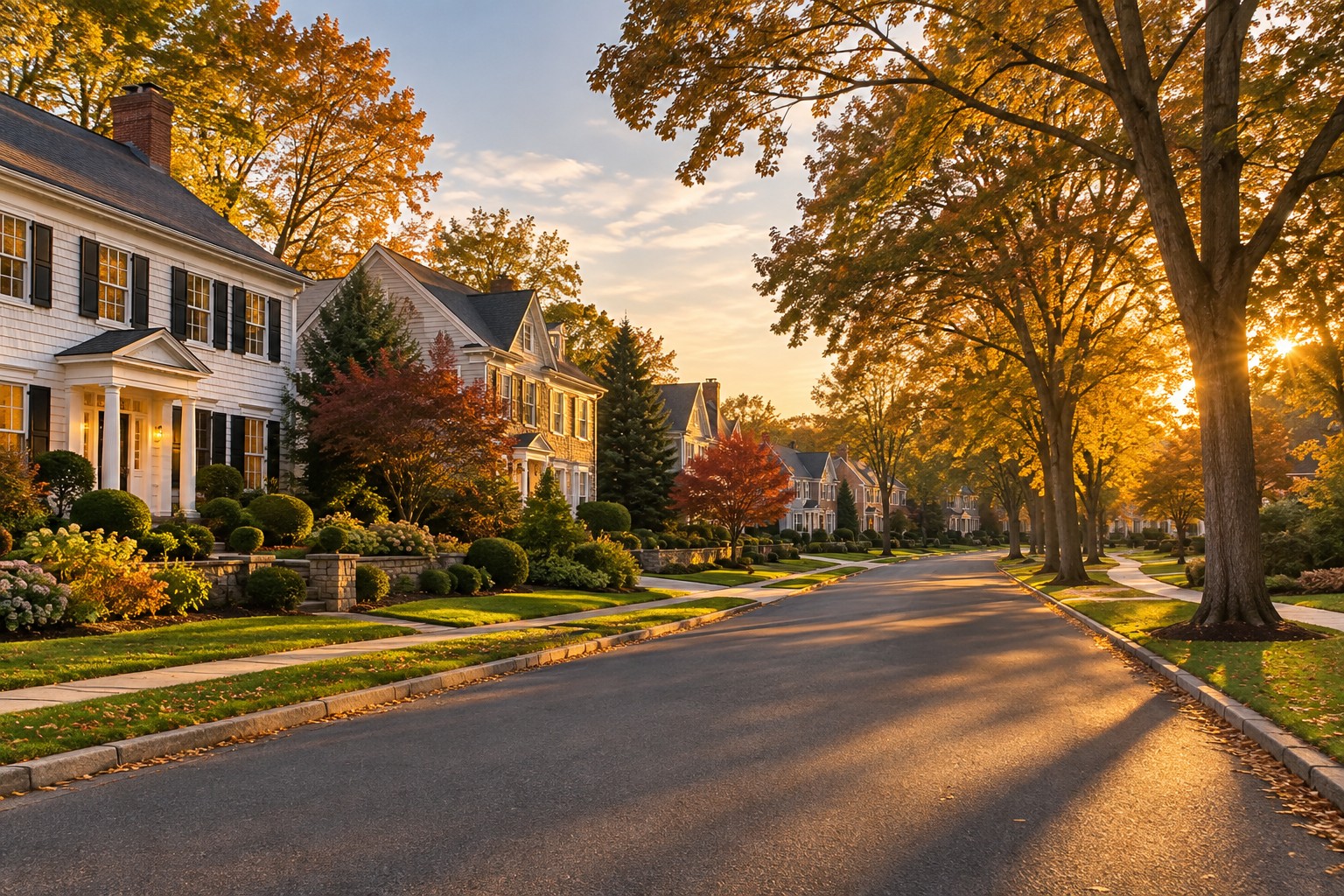 A New Jersey suburban neighborhood at golden hour, illustrative