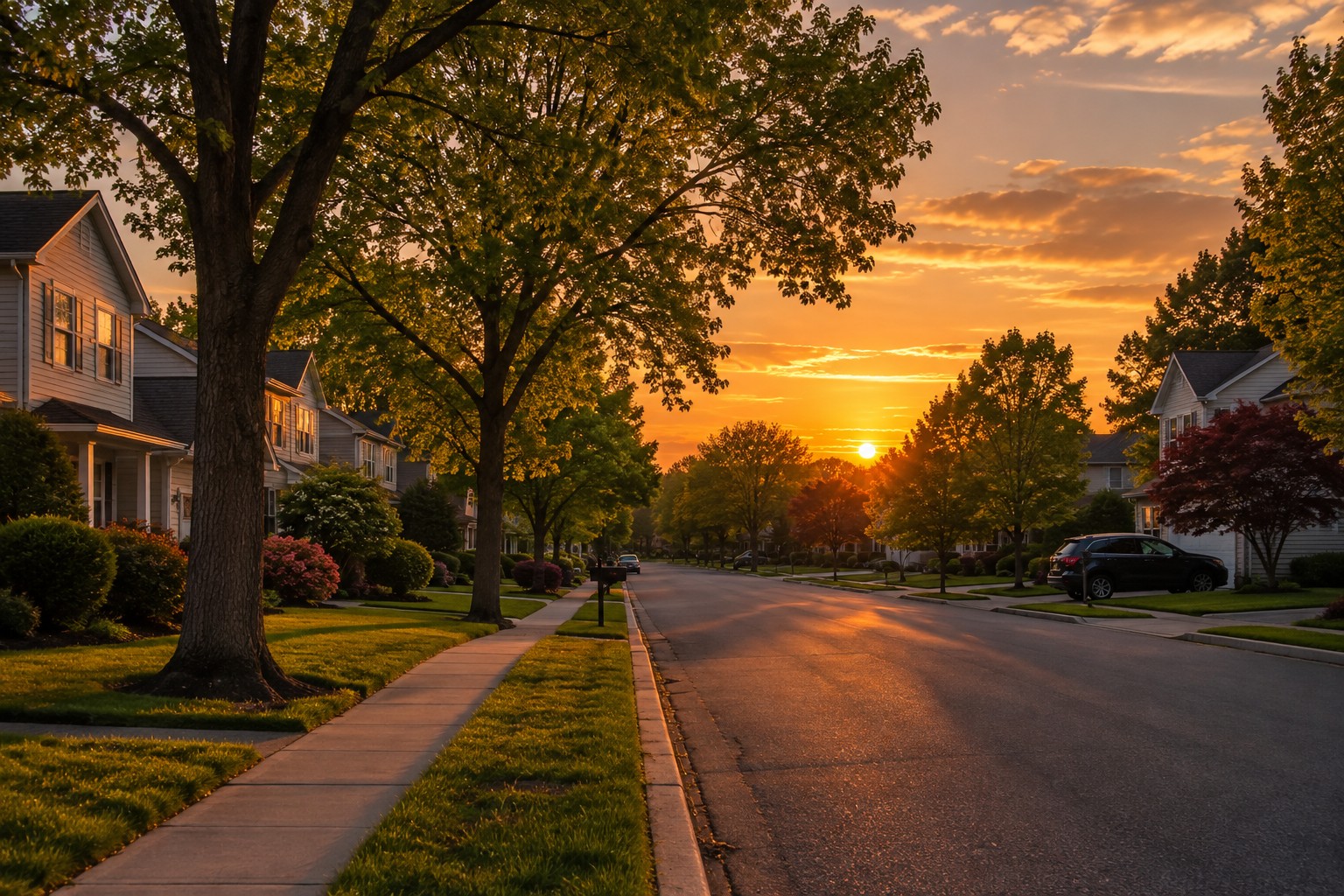 A Central New Jersey street at sunset, illustrative