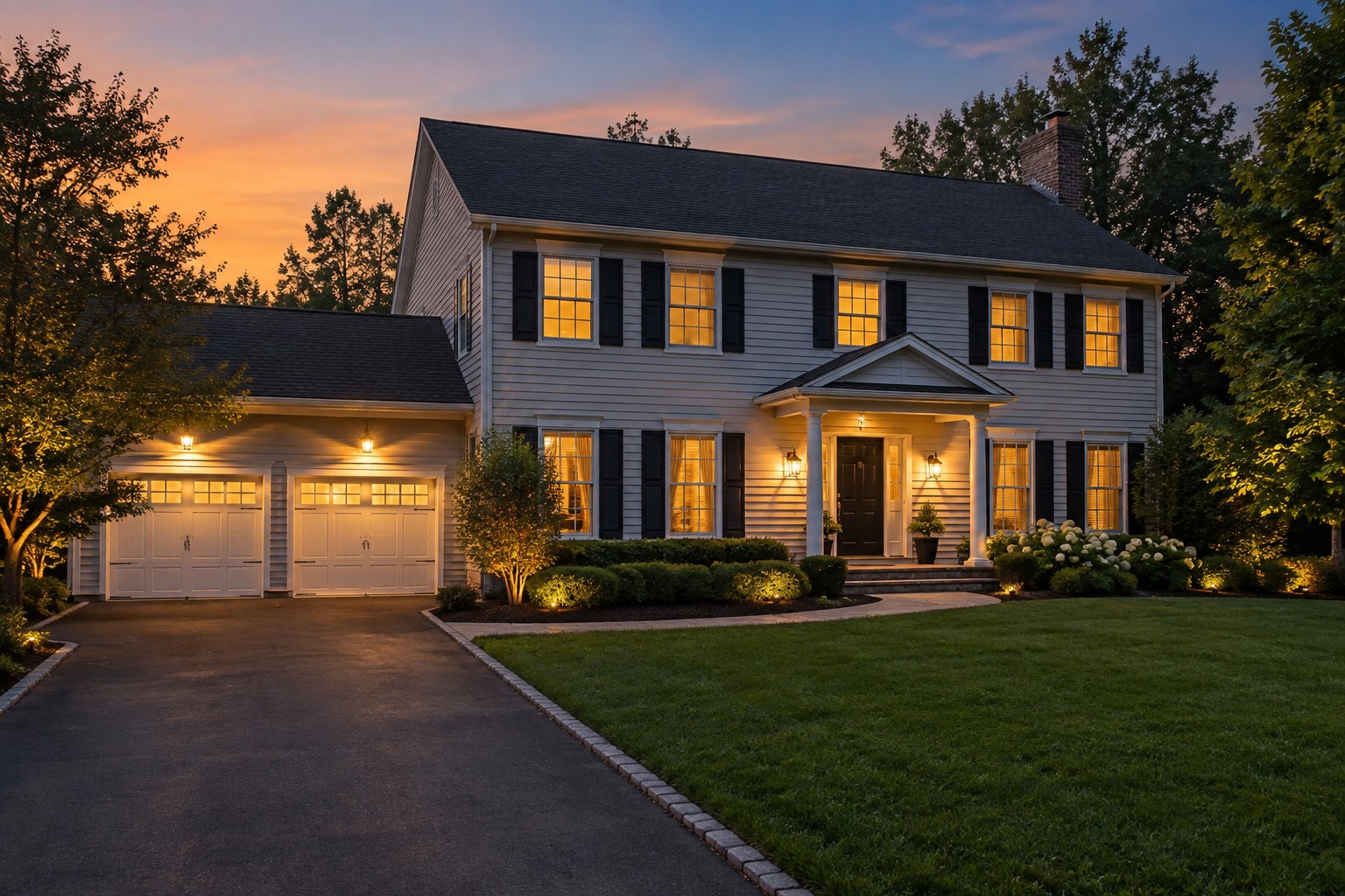 A New Jersey home exterior at dusk, illustrative
